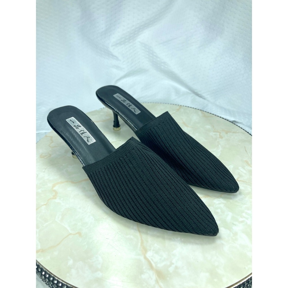 Ribbed Knit Pointed Toe Kitten Heel Slip On Mules Womens 39 Black Office Elegant